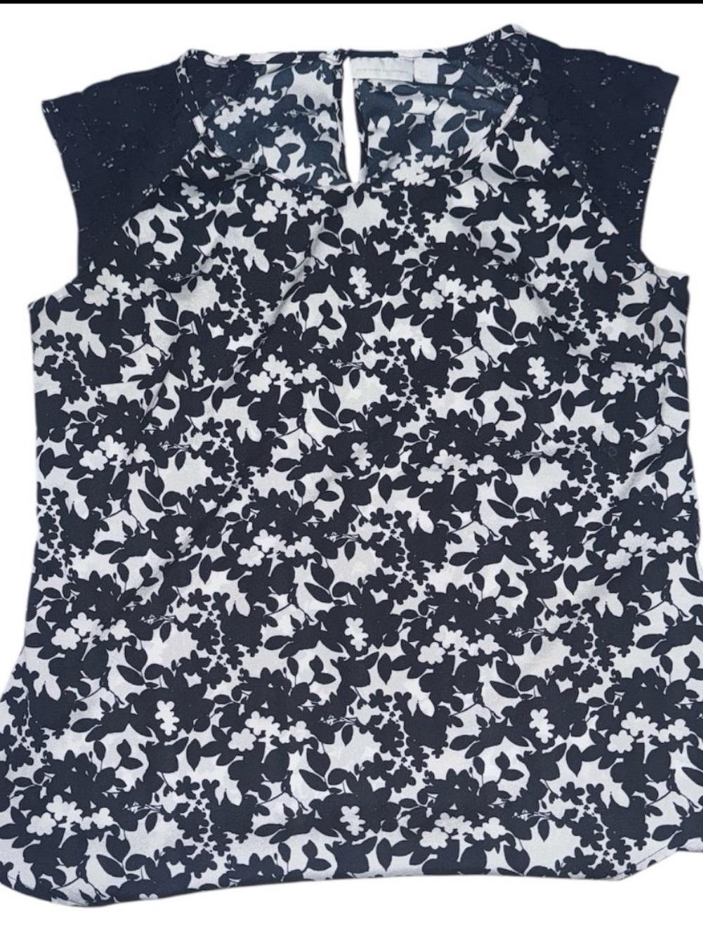 New York & Company Navy and White Floral Cap-Sleeve Blouse